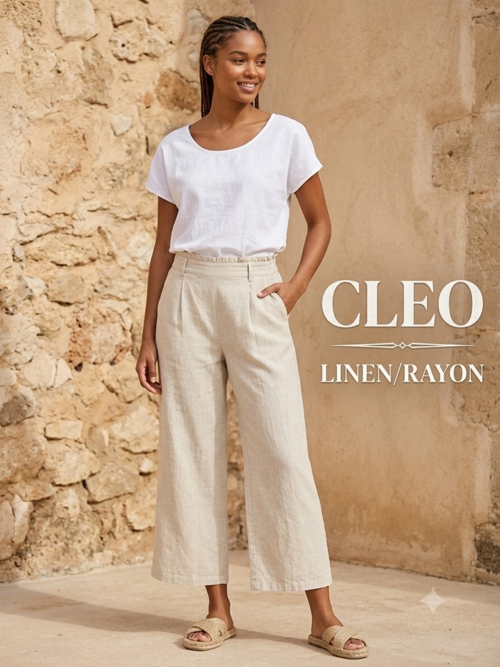 cleo Wide-Leg Linen/Rayon Pants in Natural Beige